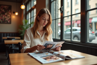Jeune femme lisant des magazines dans un cafe tendance