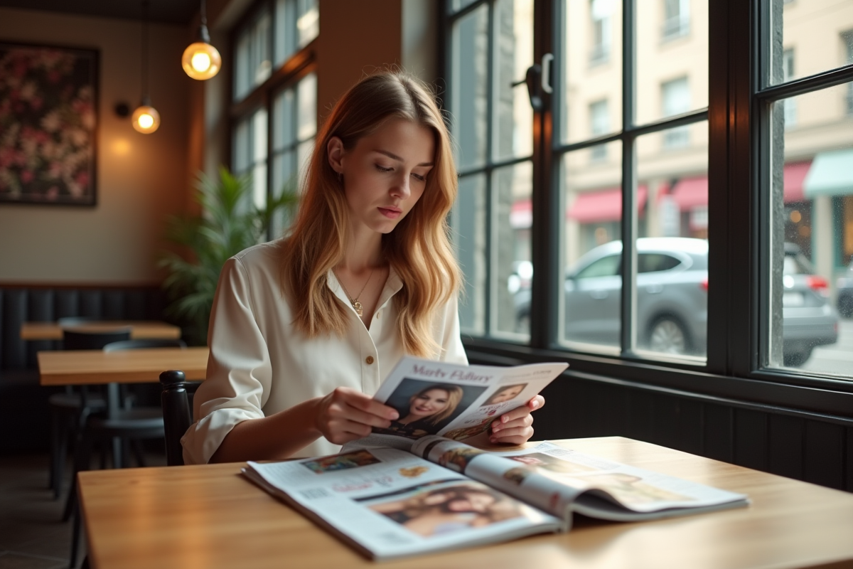 Jeune femme lisant des magazines dans un cafe tendance