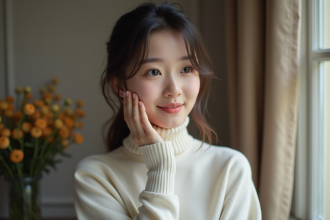 Jeune femme coreenne en portrait dans un appartement parisien