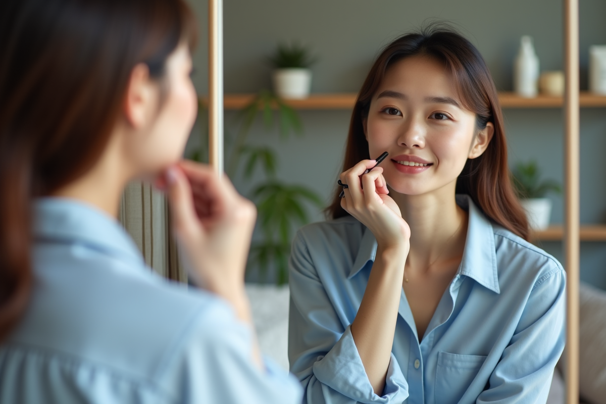 Jeune femme appliquant un crayon à lèvres mauve devant un miroir