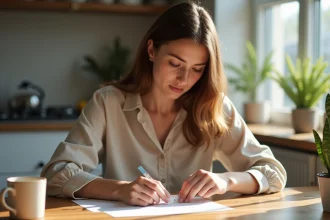 Jeune femme mesure son doigt avec un ruban et règle dans la cuisine