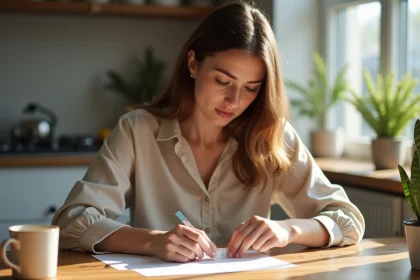 Jeune femme mesure son doigt avec un ruban et r&egrave;gle dans la cuisine