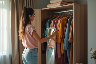Jeune femme confiante choisissant une tenue dans son dressing lumineux