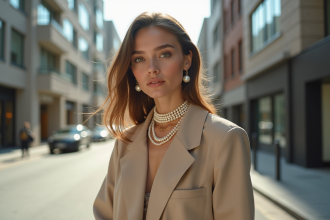 Jeune femme élégante en ville avec perles tendance 2025