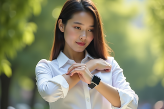 Jeune femme ajustant une montre blanche en extérieur