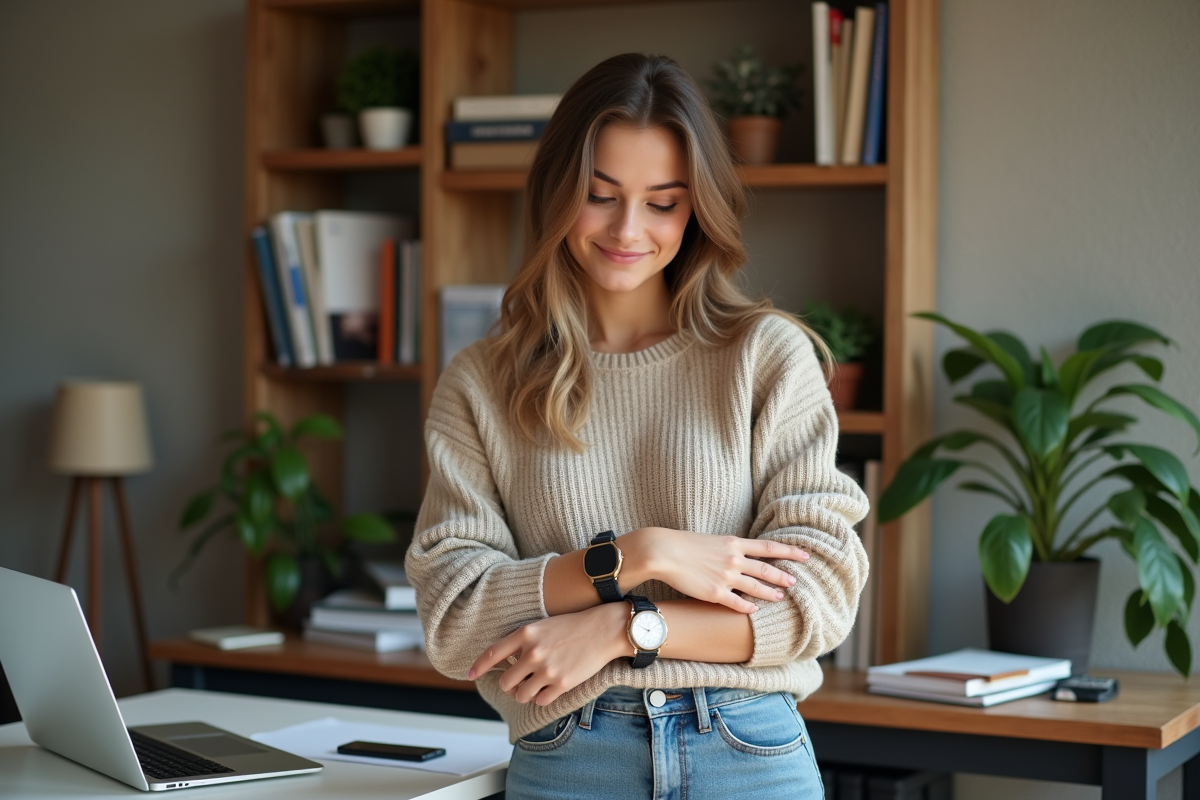 Jeune femme regardant deux montres dans un bureau moderne