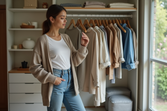 Jeune femme examine des tenues dans une garde-robe lumineuse