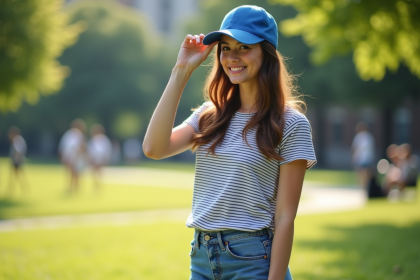 Jeune femme souriante en parc ensoleille avec casquette bleue