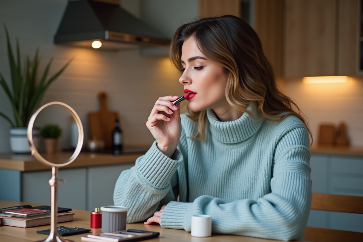 Jeune femme appliquant du rouge à lèvres dans la cuisine