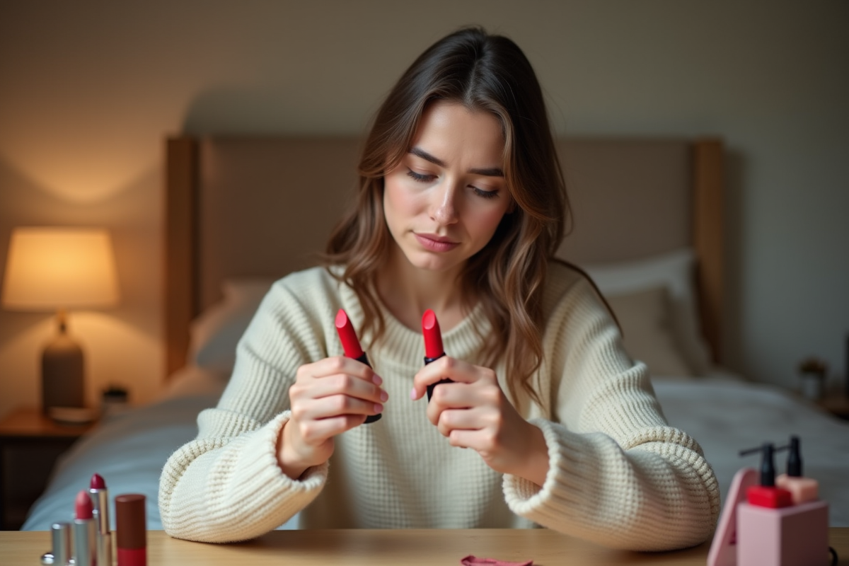 Jeune femme frustrée avec rouge à lèvres cassé