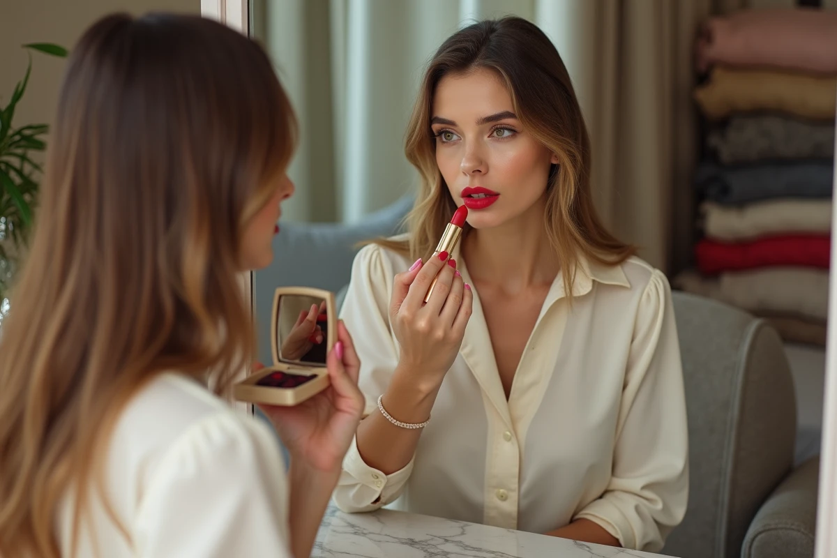 Jeune femme vérifiant son rouge à lèvres dans un miroir