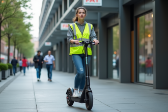 Jeune femme en scooter électrique dans la ville