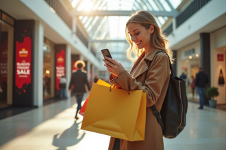 Jeune femme souriante avec sacs de shopping dans un centre commercial