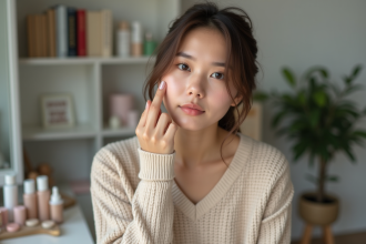 Jeune femme appliquant du concealer sur sa joue dans sa chambre