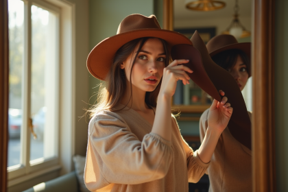 Jeune femme essayant un grand chapeau vintage devant un miroir