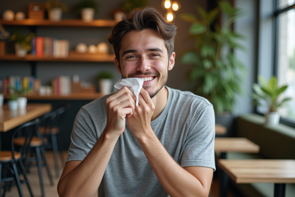 Jeune homme souriant en se retouchant le lipstick au café