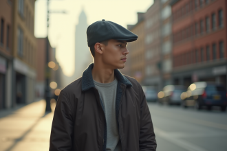 Jeune homme portant un chapeau plat dans la rue en ville