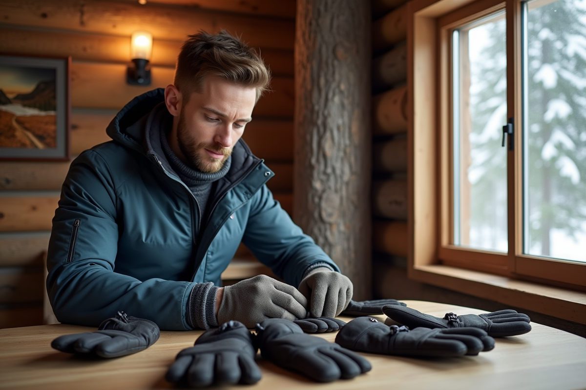 Jeune homme examine des gants de ski dans une cabane de montagne