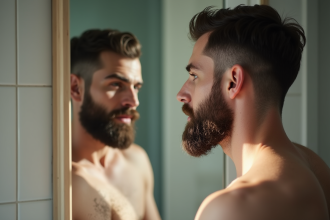 Jeune homme examinant sa barbe dans un miroir lumineux