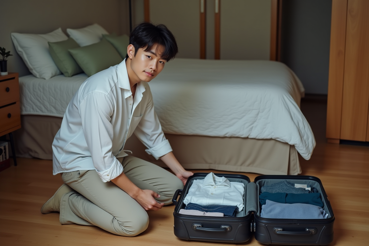 Jeune homme organise ses vêtements dans sa valise à la maison