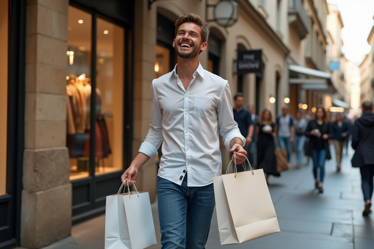 Jeune homme souriant avec sacs de shopping en rue
