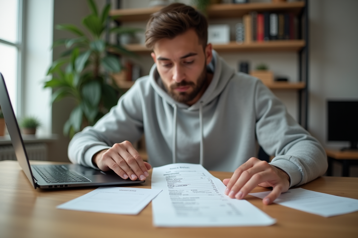 Jeune homme vérifiant un reçu et une étiquette de vêtement