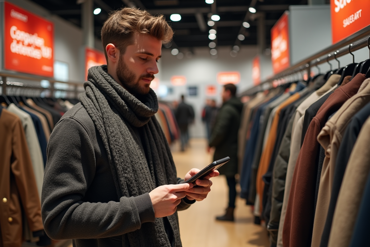 Jeune homme examinant une veste en solde en magasin
