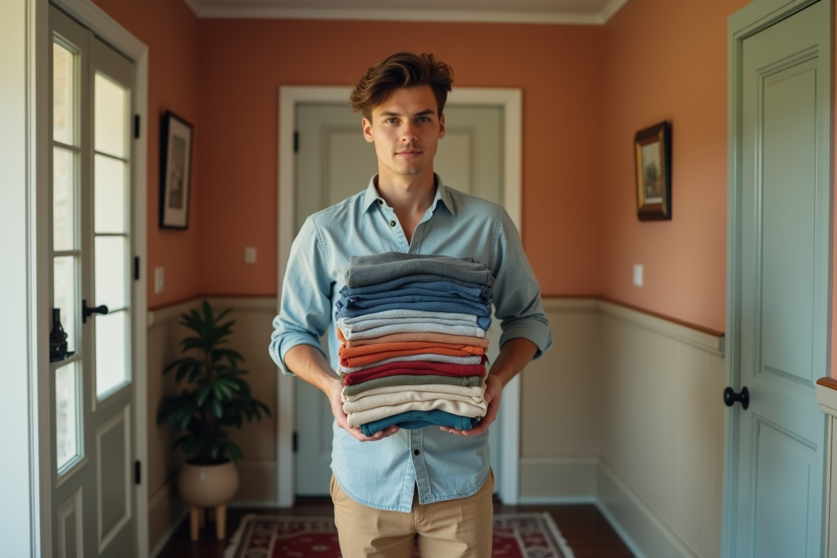 Jeune homme tenant des vêtements d