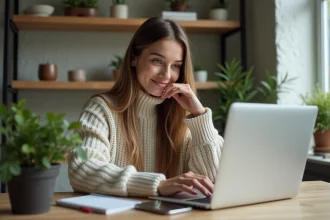 Influenceuse jeune femme en vidéo en ligne dans un bureau moderne