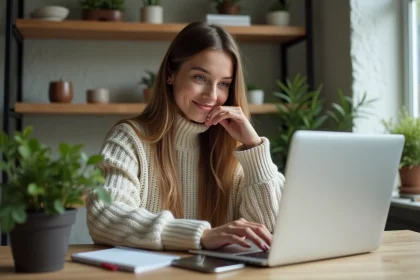 Influenceuse jeune femme en vid&eacute;o en ligne dans un bureau moderne