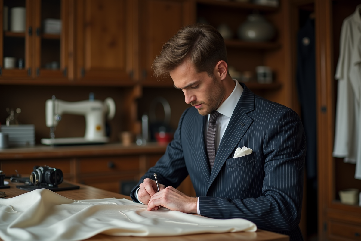 Jeune tailleur cousant un vêtement en atelier artisanal