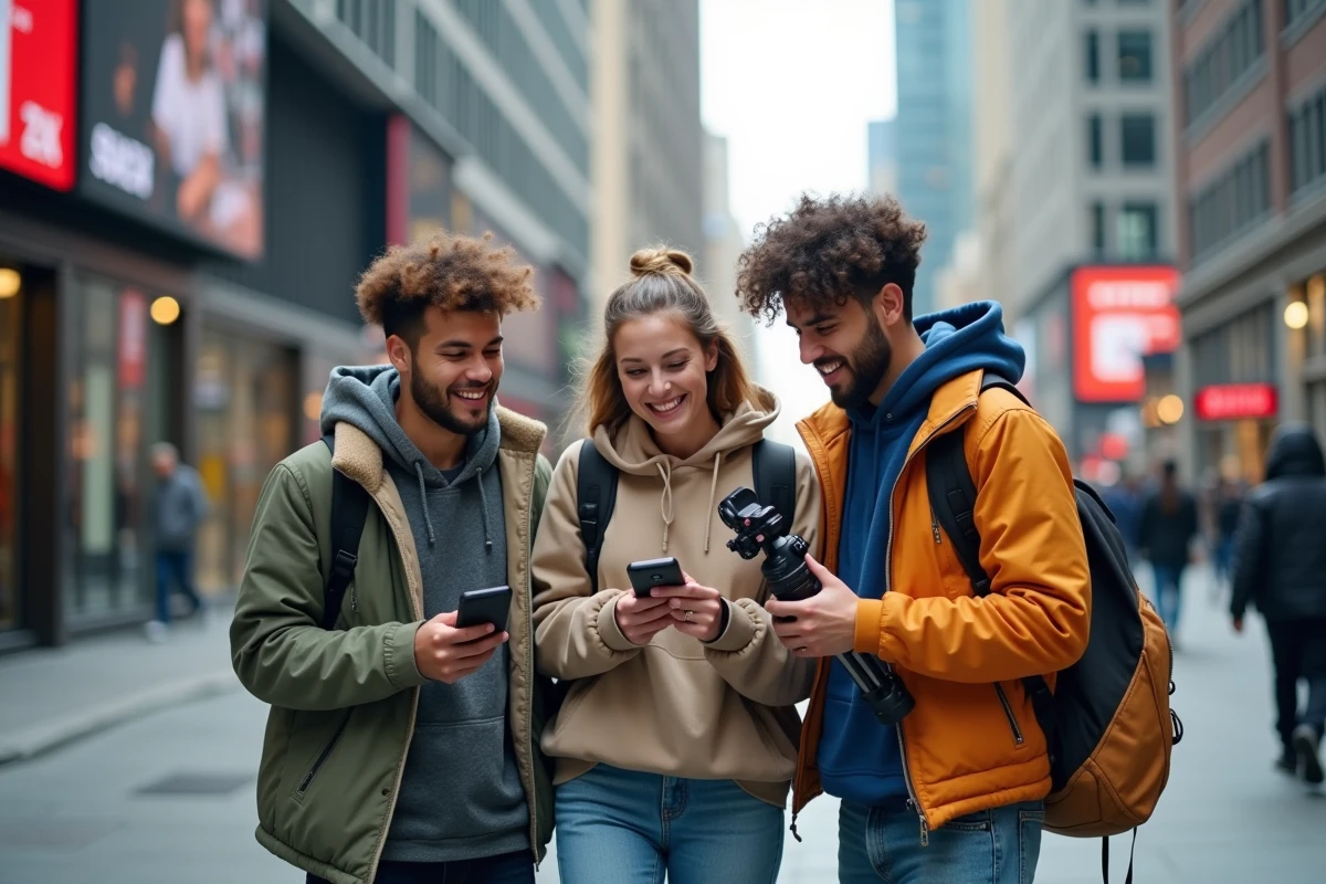 Trois jeunes créateurs de contenu en ville en brainstorming