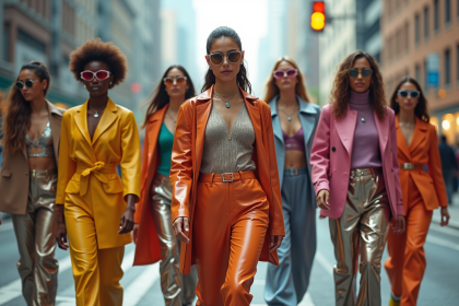 Groupe de jeunes dans une ville futuriste en mode avantgarde