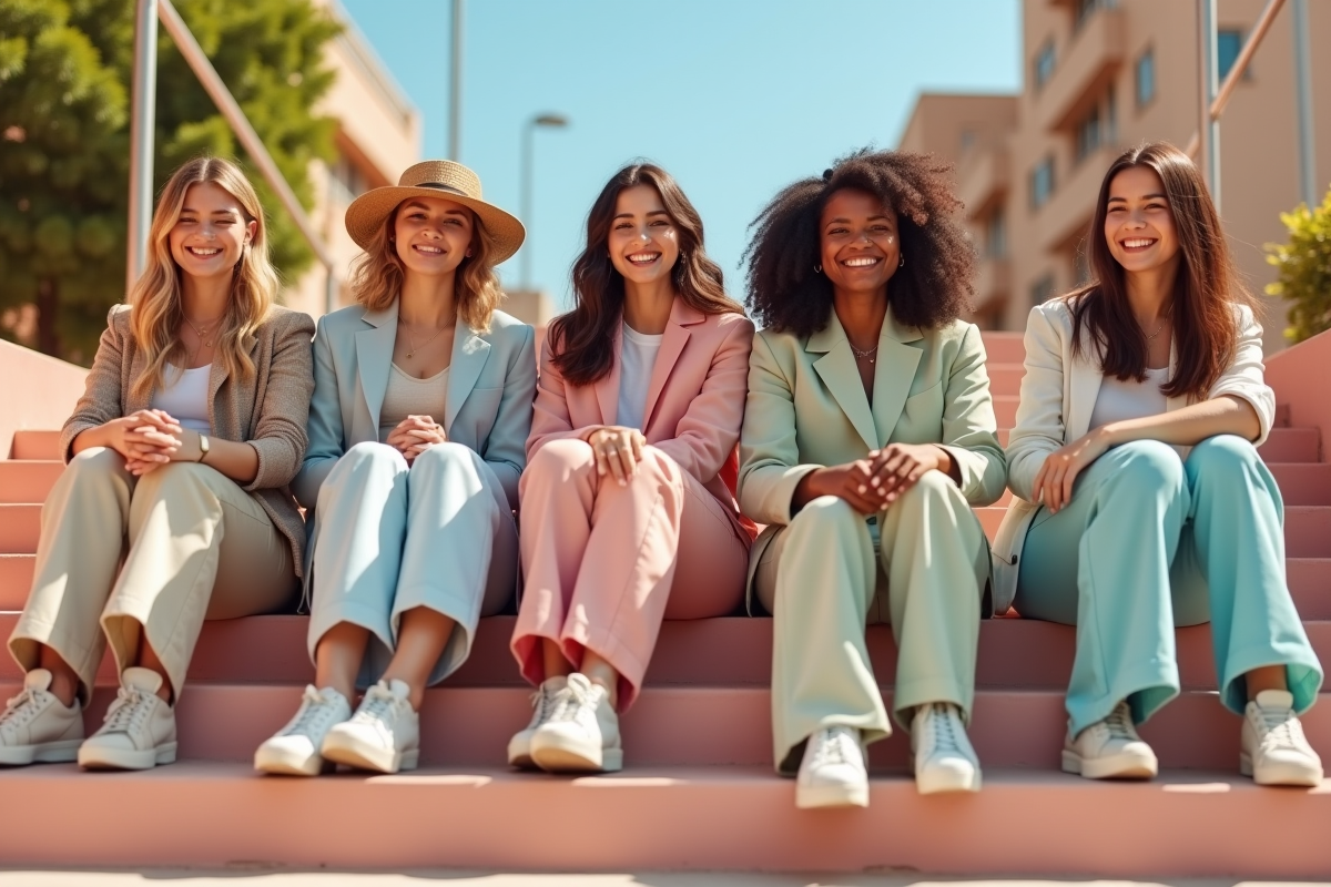 Groupe de jeunes portant pantalons tendance en plein soleil