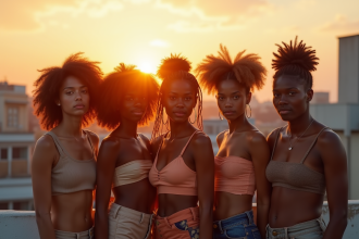 Groupe de jeunes adultes avec coiffures tendance 2025 sur un rooftop urbain