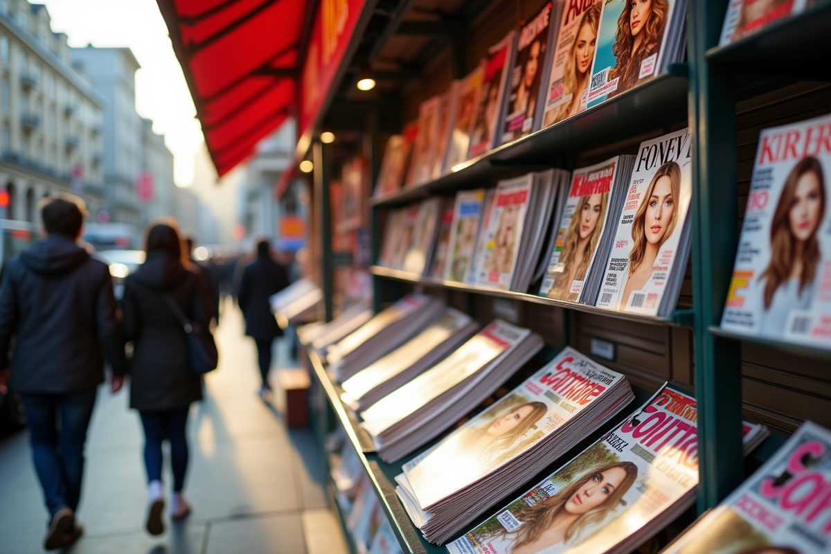 Kiosque à journaux avec magazines populaires en ville
