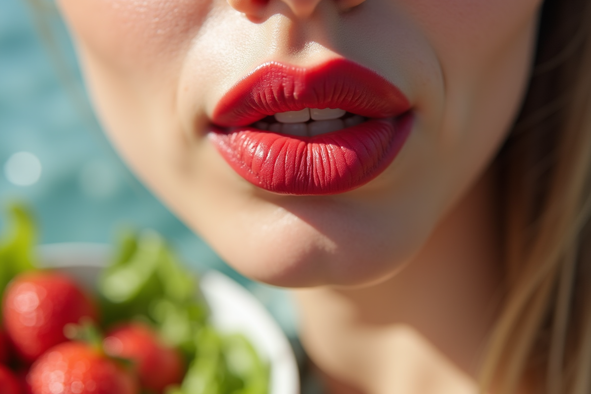 Lèvres avec rouge à lèvres matte après repas en lumière naturelle