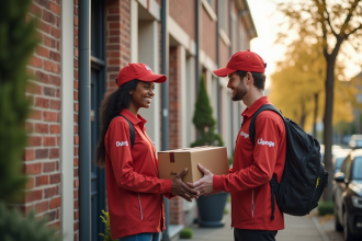 Livreur Lounge remettant un colis à un client belge souriant