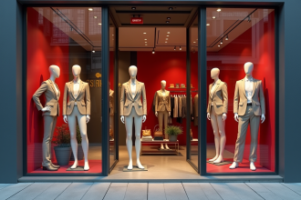 Vitrine d'un magasin de mode avec mannequins et panneau interdit