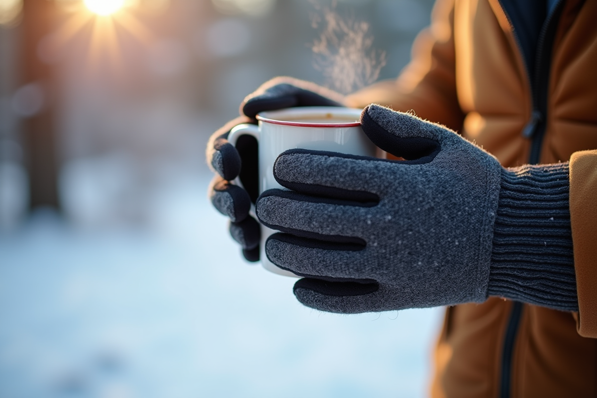 Mains portant un gant en laine et un gant en fleece tenant une tasse chaude en extérieur
