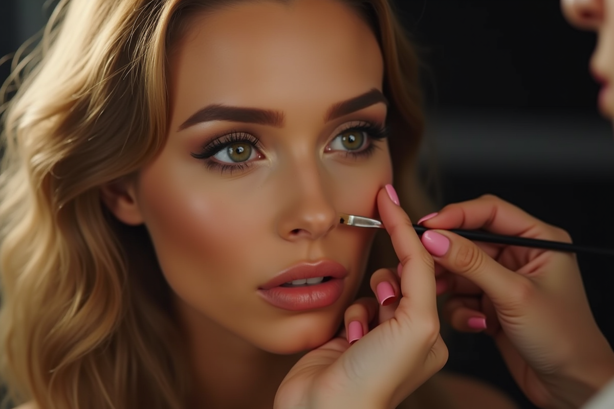 Maquilleuse montrant le contouring sur modèle au visage rond en studio