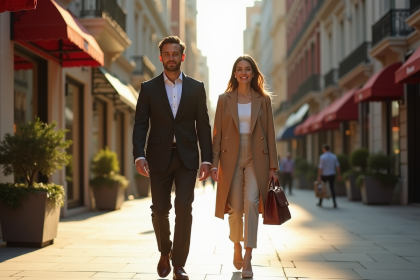 Homme et femme élégants marchant dans la ville ensoleillée