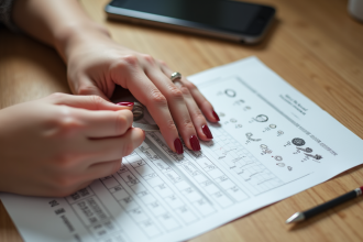Main d'une femme mesurant son doigt avec un guide de taille de bague
