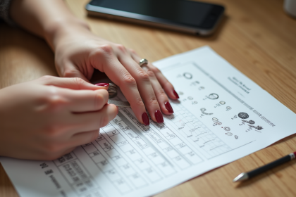 Main d'une femme mesurant son doigt avec un guide de taille de bague