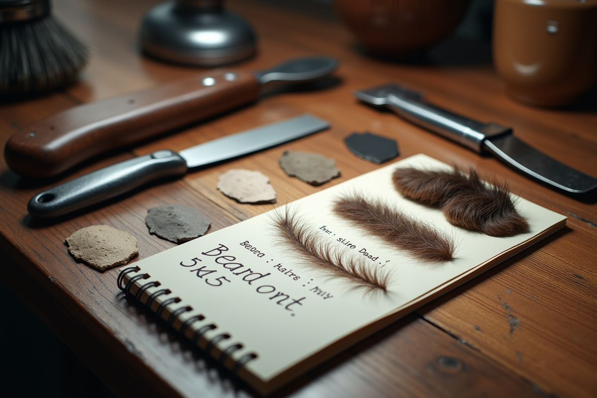 Outils de grooming et échantillons de barbe sur une table en bois