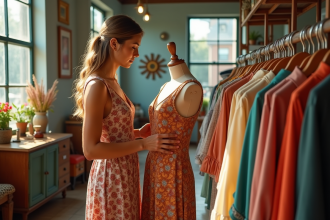 Personne examinant une robe vintage dans une boutique lumineuse