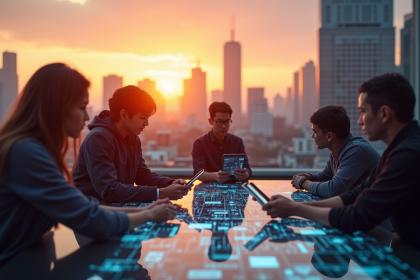 Groupe de personnes utilisant des interfaces futuristes sur un toit en ville au lever du soleil