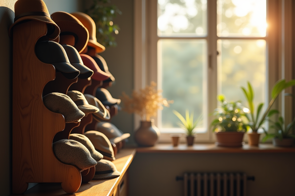 Porte-manteau en bois avec plusieurs chapeaux plats colorés
