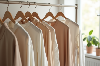 Vêtements minimalistes sur un portant lumineux