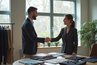 Professionnels de la mode se serrant la main dans un bureau lumineux
